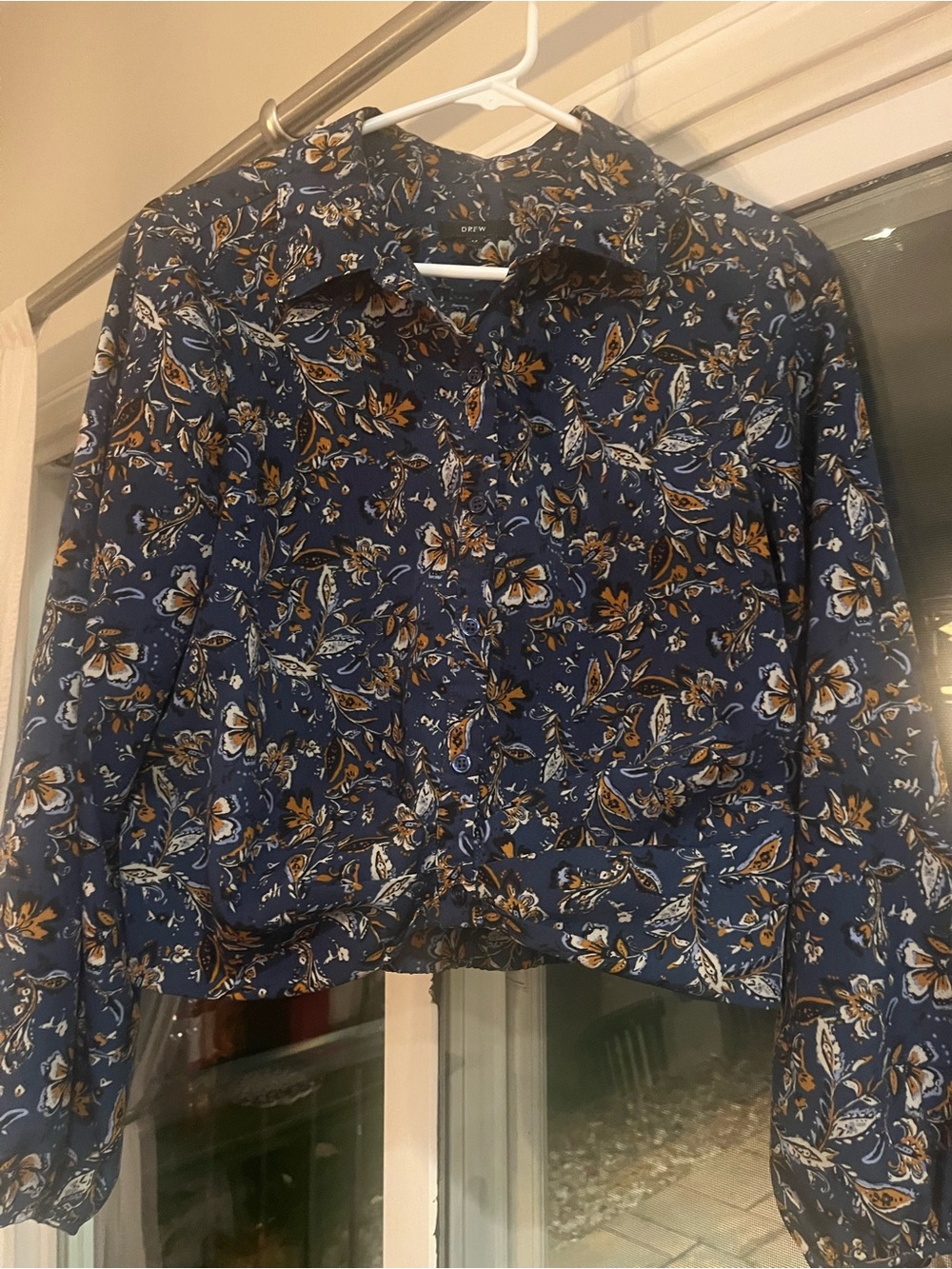 Drew cropped Floral Button Down Blouse in Blue & Orange Size Medium Like New